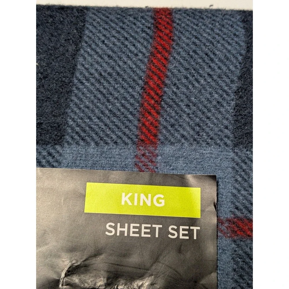 NEW Cuddl Duds King Heavyweight Cotton Flannel Sheet Set Navy And Red Plaid